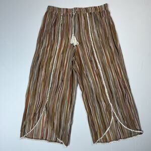 Agnes Orinda 1X Striped Boho Palazzo Pants Tassel Tie Pom Trim Wide Leg